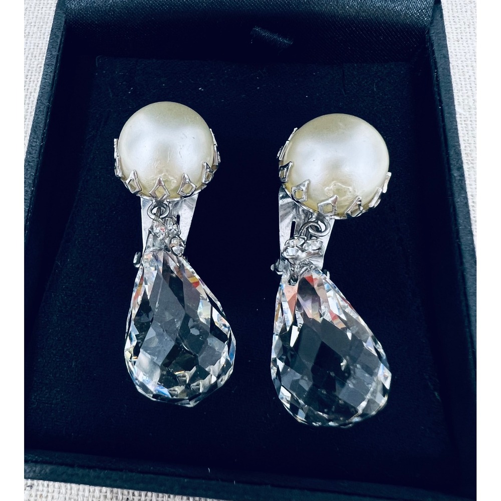 Vintage Hattie Carnegie Faux Pearl Crystal Teardrop Clip On Earrings Silver Tone
